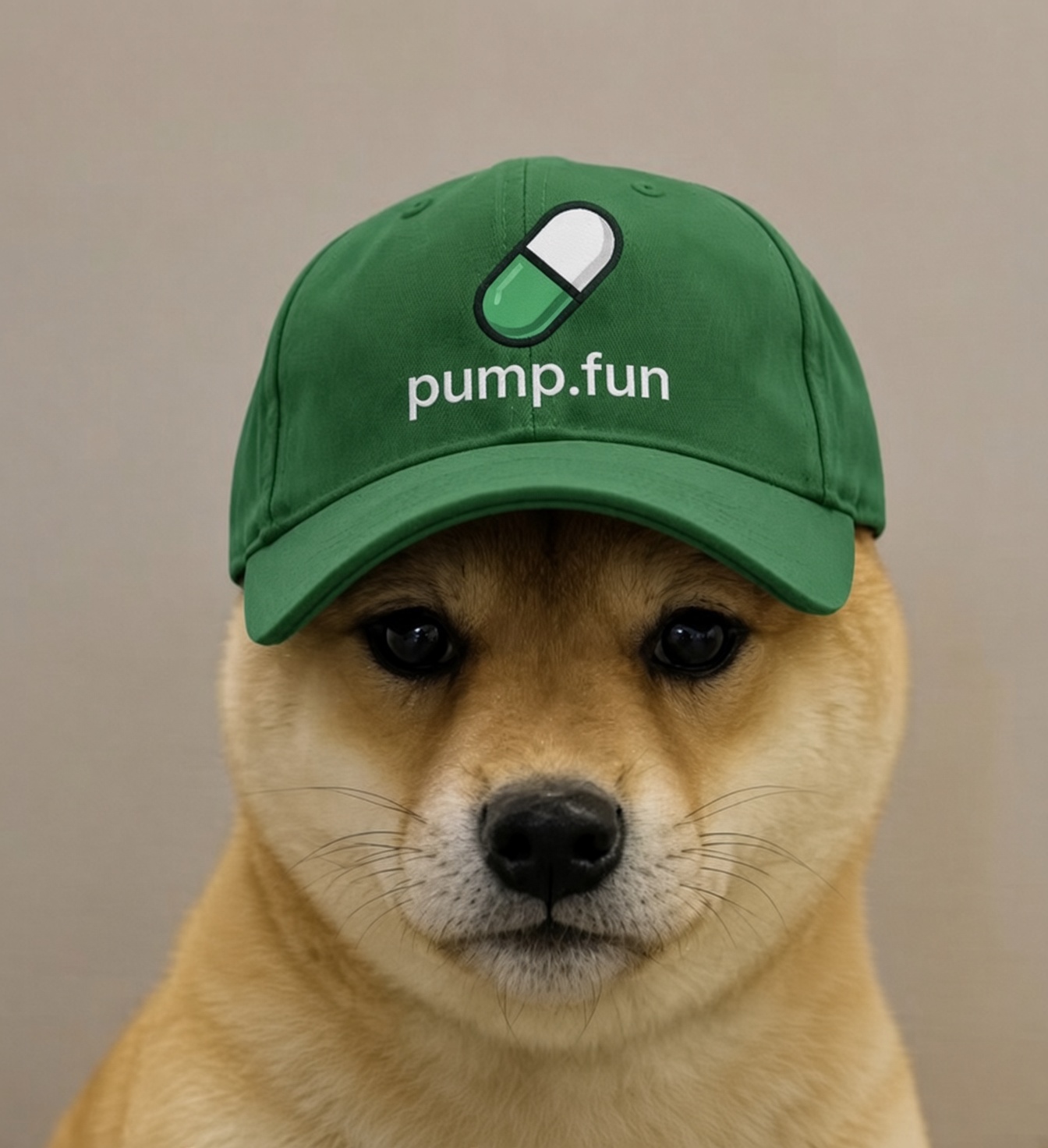 Shiba Inu wearing a green capsule cap, the Pumpfun Dog mascot